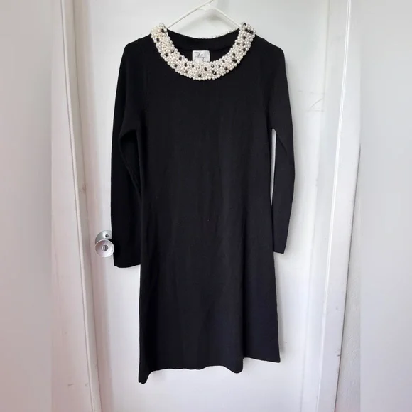 MILLY Women's Black Knit Pearl Trim Dress sz M - Picture 8 of 12